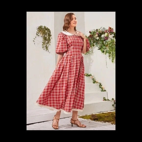 Lace Trim Buttoned Front Tie Back Plaid Dress - Picture 4 of 6